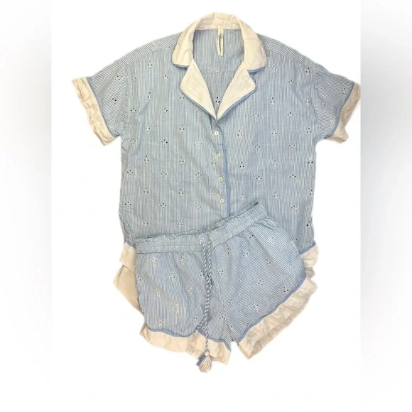 By ANTHROPOLOGIE Bijou 2 Pc Striped Eyelet Pajama Short Set - M - Picture 7 of 10